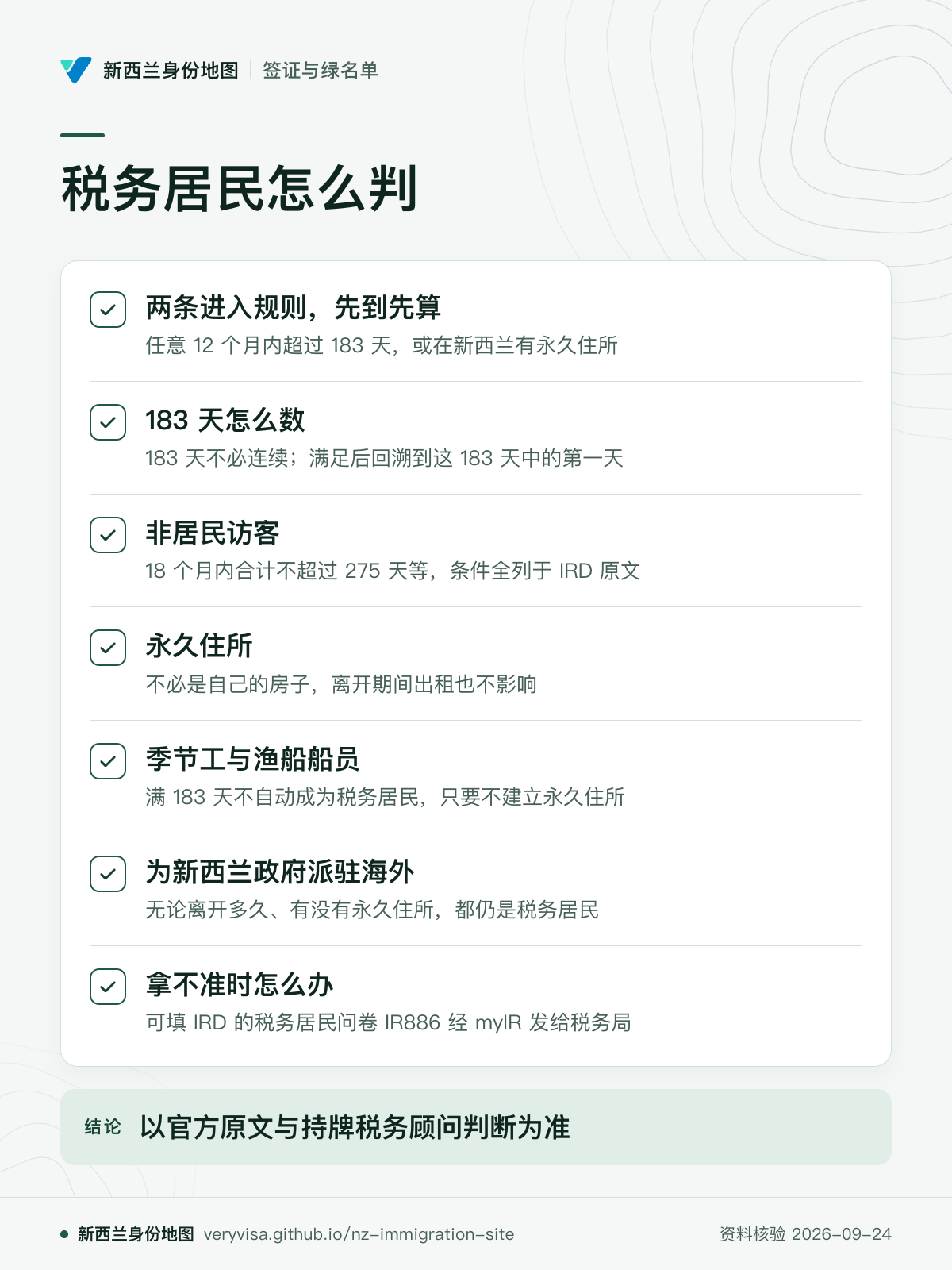 税务居民怎么判；两条进入规则，先到先算；183 天怎么数；非居民访客；永久住所；季节工与渔船船员；为新西兰政府派驻海外；拿不准时怎么办；以官方原文与持牌税务顾问判断为准