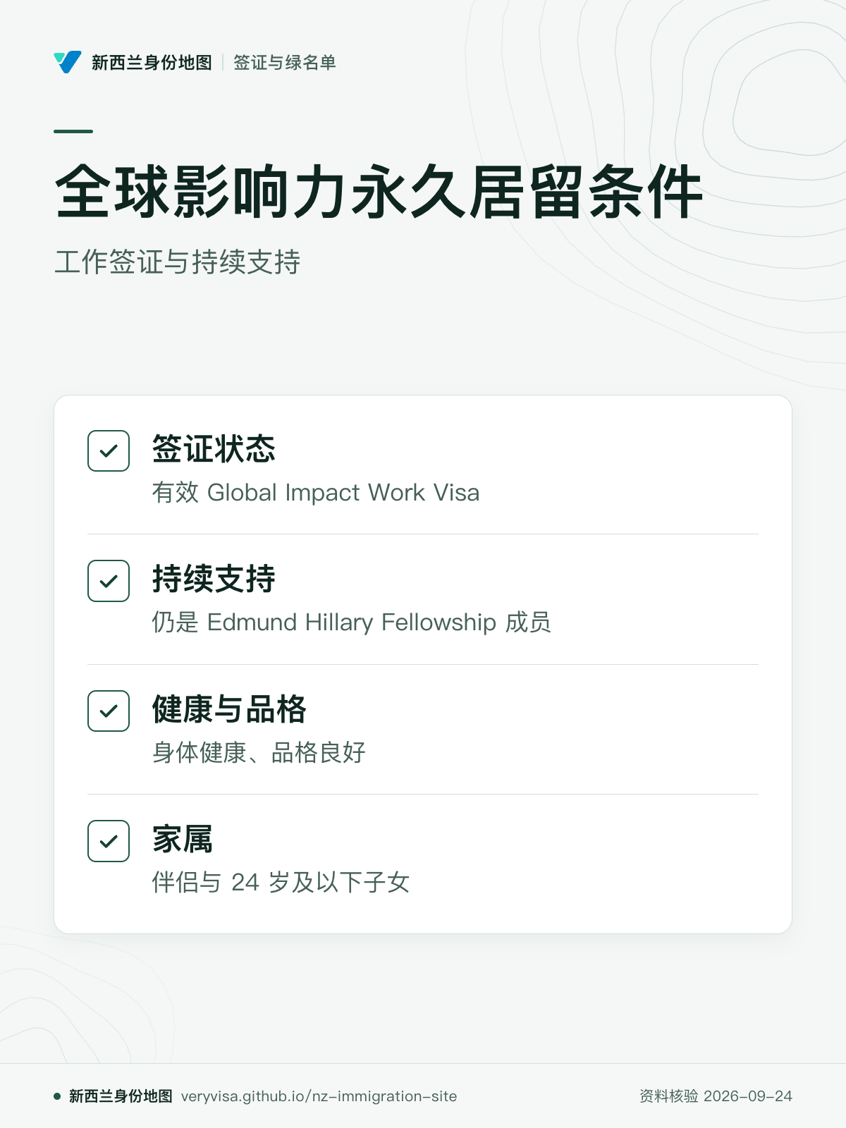 全球影响力永久居留条件；工作签证与持续支持；签证状态；持续支持；健康与品格；家属