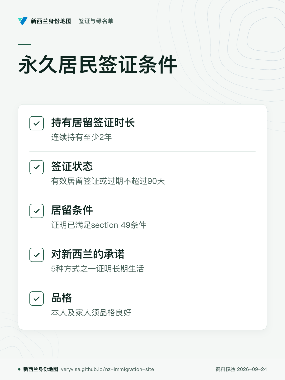 永久居民签证条件；持有居留签证时长；签证状态；居留条件；对新西兰的承诺；品格