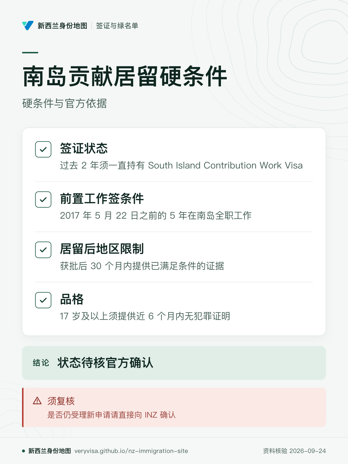 南岛贡献居留硬条件；硬条件与官方依据；签证状态；前置工作签条件；居留后地区限制；品格；状态待核官方确认；须复核