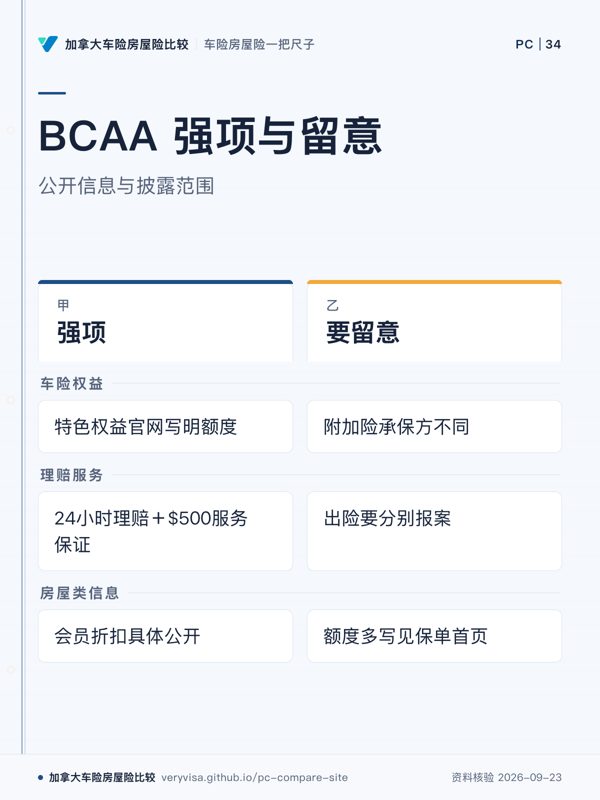 BCAA 强项与留意;公开信息与披露范围;强项;要留意;车险权益;理赔服务;房屋类信息