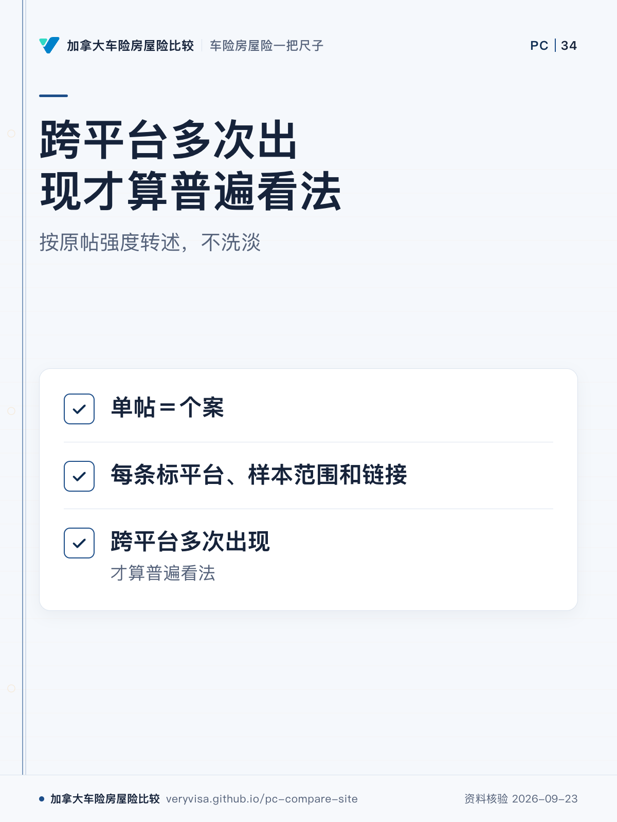 跨平台多次出现才算普遍看法；按原帖强度转述，不洗淡；单帖＝个案；每条标平台、样本范围和链接；跨平台多次出现