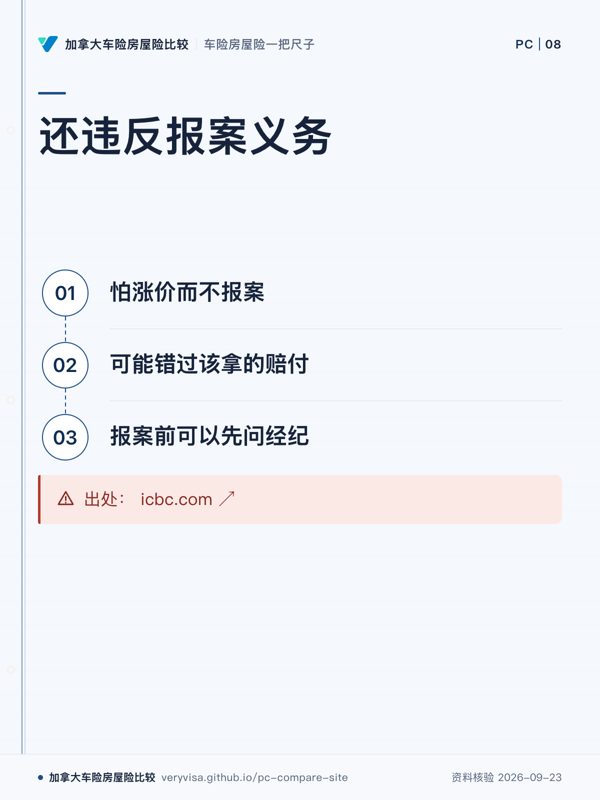 还违反报案义务；怕涨价而不报案；可能错过该拿的赔付；报案前可以先问经纪；出处： icbc.com ↗