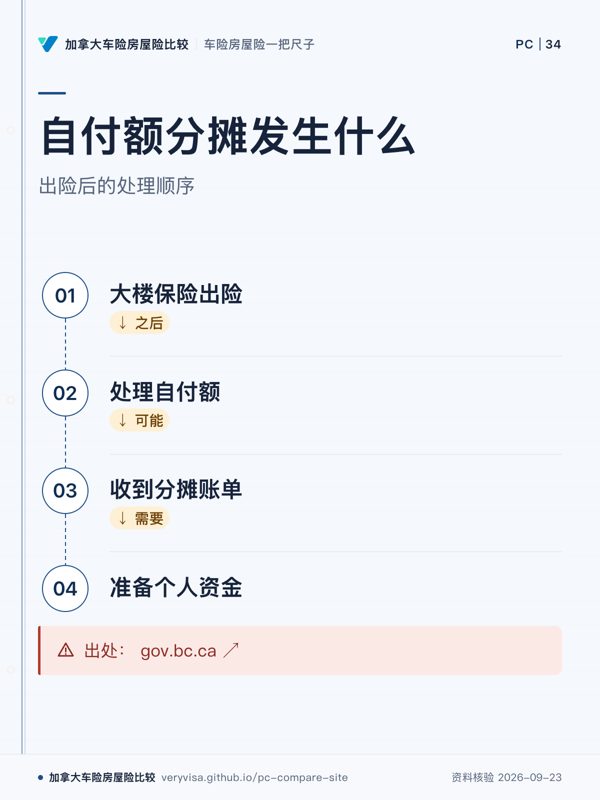 自付额分摊发生什么；出险后的处理顺序；大楼保险出险；处理自付额；收到分摊账单；准备个人资金；出处： gov.bc.ca ↗