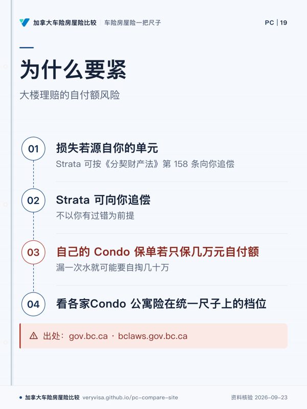 为什么要紧；大楼理赔的自付额风险；损失若源自你的单元；Strata 可向你追偿；自己的 Condo 保单若只保几万元自付额；看各家Condo 公寓险在统一尺子上的档位；出处：gov.bc.ca · bclaws.gov.bc.ca