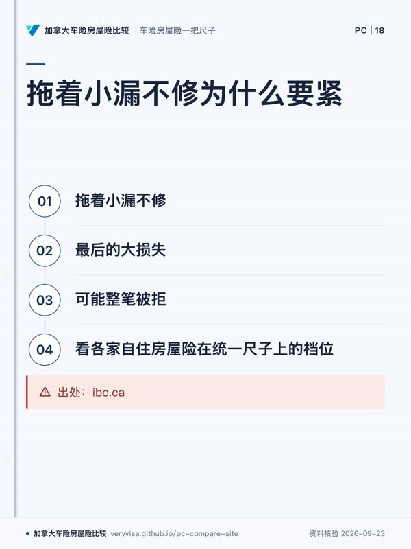 拖着小漏不修为什么要紧；拖着小漏不修；最后的大损失；可能整笔被拒；看各家自住房屋险在统一尺子上的档位；出处：ibc.ca