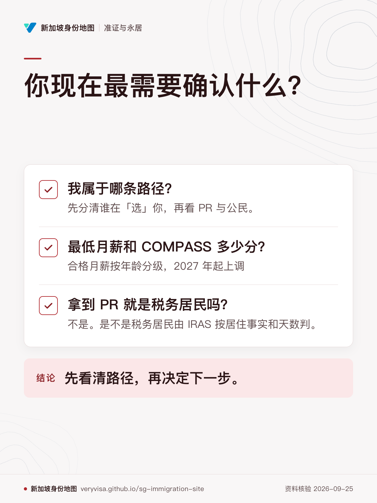 你现在最需要确认什么？；我属于哪条路径？；最低月薪和 COMPASS 多少分？；拿到 PR 就是税务居民吗？；先看清路径，再决定下一步。