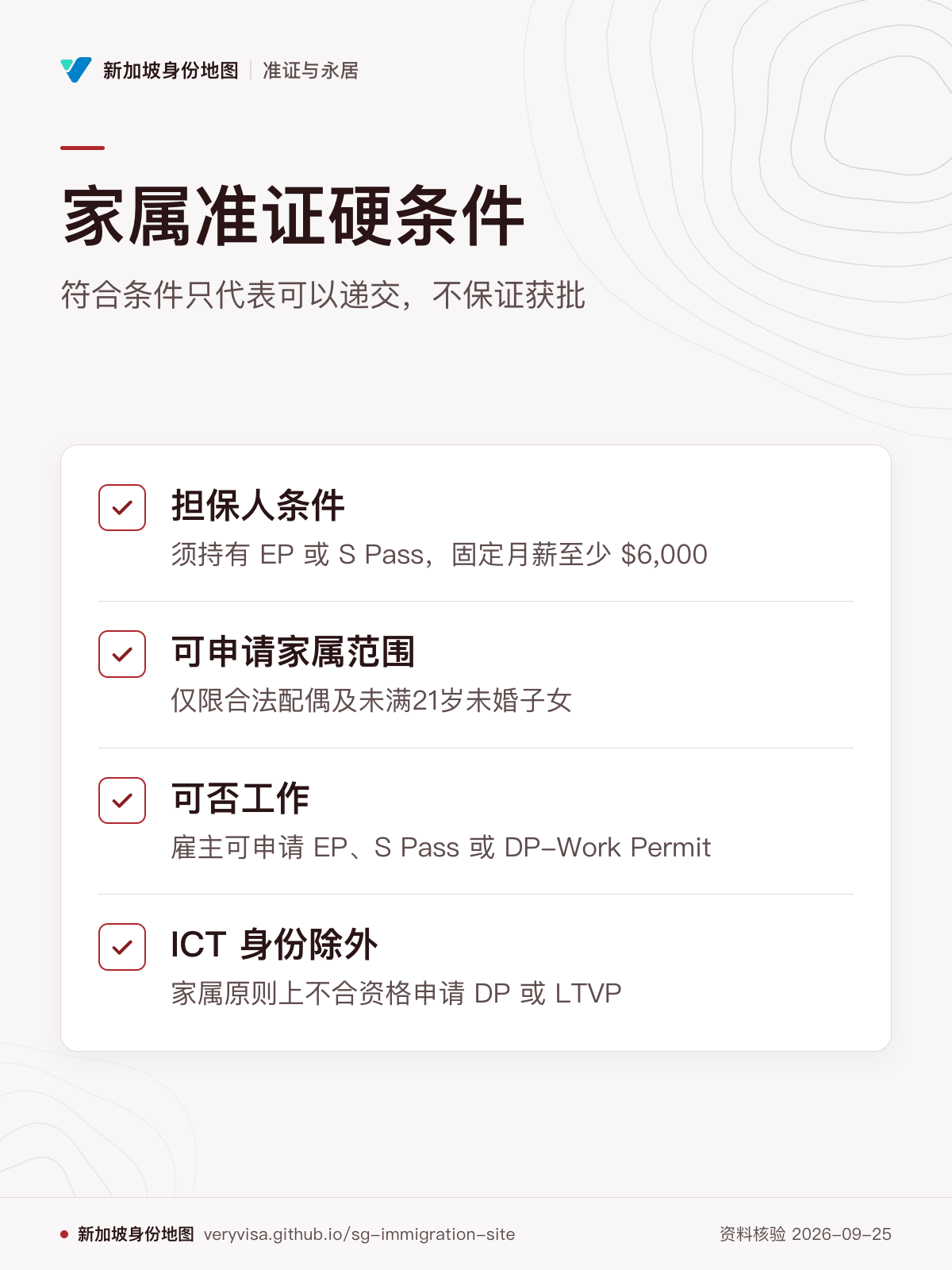 家属准证硬条件；符合条件只代表可以递交，不保证获批；担保人条件；可申请家属范围；可否工作；ICT 身份除外