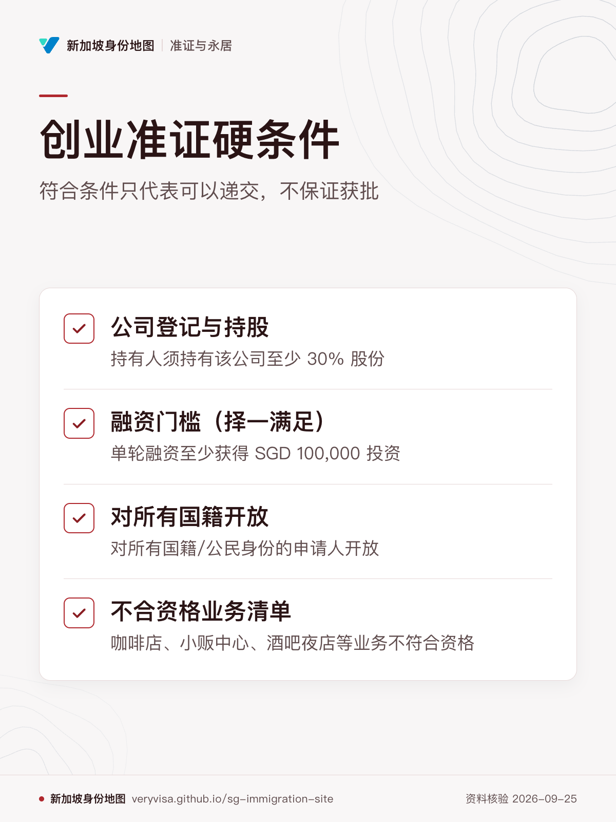 创业准证硬条件；符合条件只代表可以递交，不保证获批；公司登记与持股；融资门槛（择一满足）；对所有国籍开放；不合资格业务清单