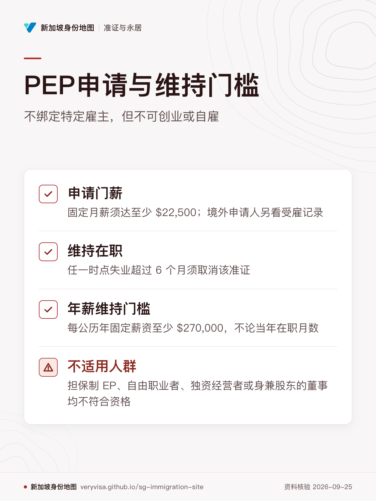 PEP申请与维持门槛；不绑定特定雇主，但不可创业或自雇；申请门薪；维持在职；年薪维持门槛；不适用人群