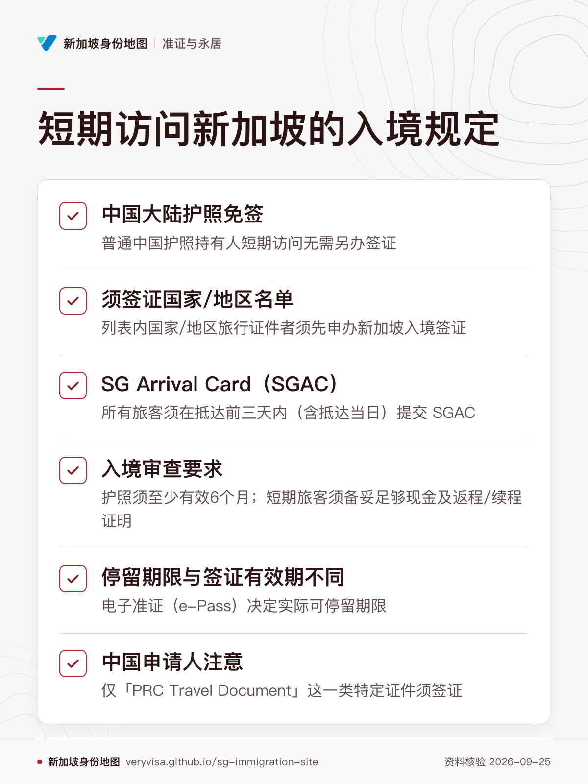 短期访问新加坡的入境规定；中国大陆护照免签；须签证国家/地区名单；SG Arrival Card（SGAC）；入境审查要求；停留期限与签证有效期不同；中国申请人注意