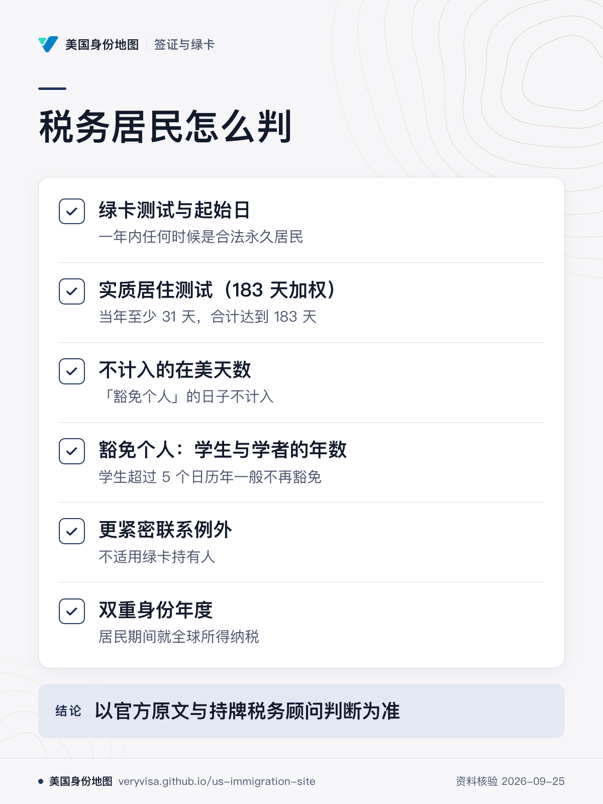 税务居民怎么判；绿卡测试与起始日；实质居住测试（183 天加权）；不计入的在美天数；豁免个人：学生与学者的年数；更紧密联系例外；双重身份年度；以官方原文与持牌税务顾问判断为准
