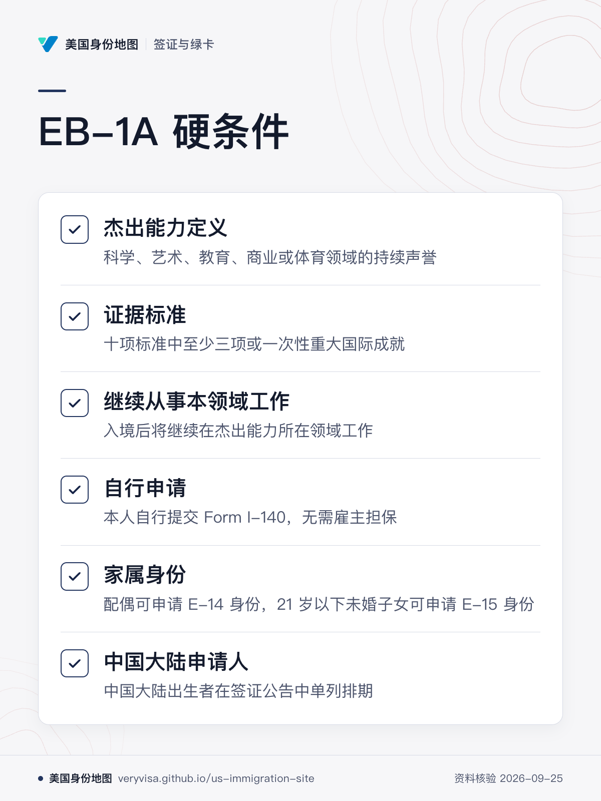 EB-1A 硬条件；杰出能力定义；证据标准；继续从事本领域工作；自行申请；家属身份；中国大陆申请人