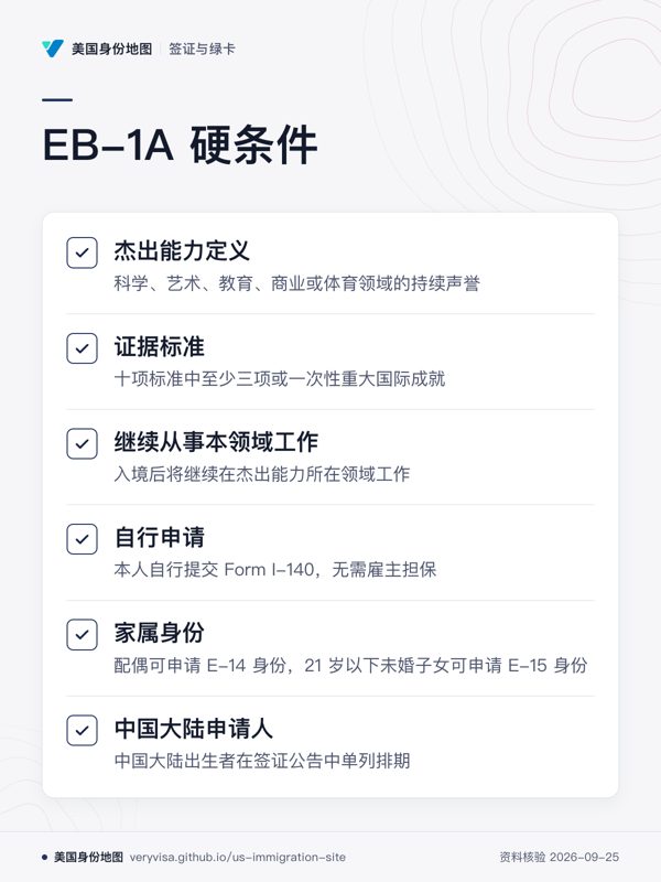 EB-1A 硬条件;杰出能力定义;证据标准;继续从事本领域工作;自行申请;家属身份;中国大陆申请人