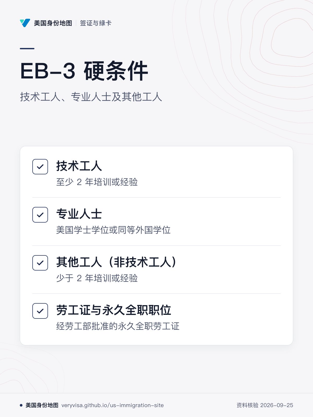 EB-3 硬条件；技术工人、专业人士及其他工人；技术工人；专业人士；其他工人（非技术工人）；劳工证与永久全职职位