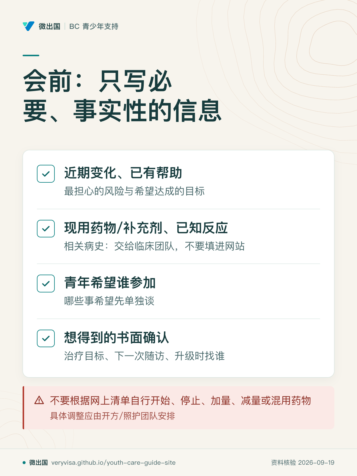 会前：只写必要、事实性的信息；近期变化、已有帮助；现用药物/补充剂、已知反应；青年希望谁参加；想得到的书面确认；不要根据网上清单自行开始、停止、加量、减量或混用药物
