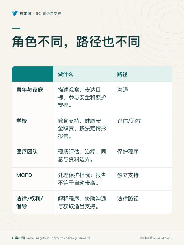 角色不同,路径也不同;做什么;路径;青年与家庭;学校;医疗团队;MCFD;法律/权利/倡导
