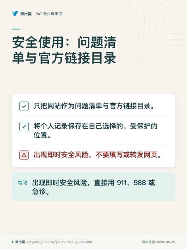 安全使用:问题清单与官方链接目录;只把网站作为问题清单与官方链接目录。;将个人记录保存在自己选择的、受保护的位置。;出现即时安全风险,不要填写或转发网页。;出现即时安全风险,直接用 911、988 或急诊。