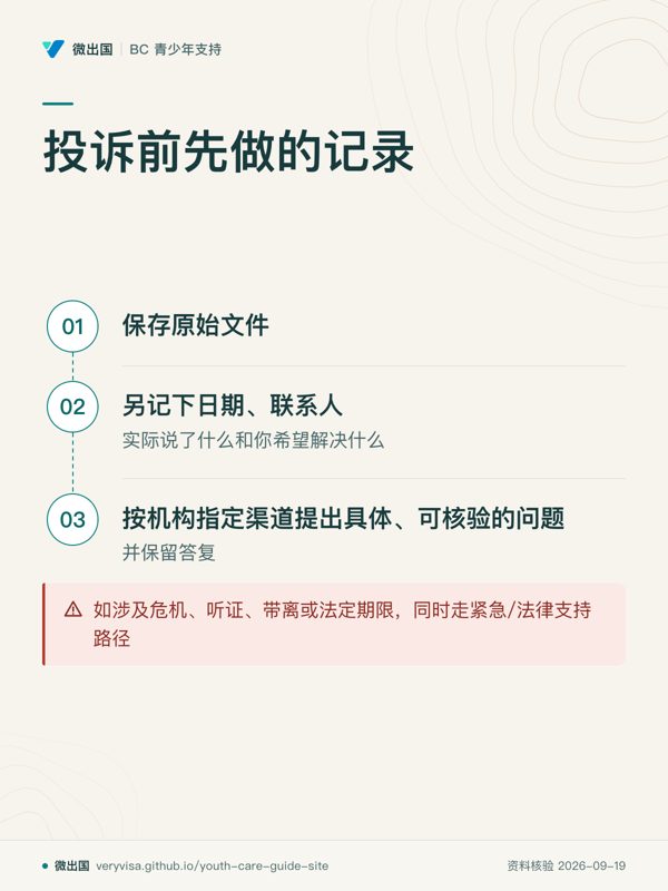 投诉前先做的记录;保存原始文件;另记下日期、联系人;按机构指定渠道提出具体、可核验的问题;如涉及危机、听证、带离或法定期限,同时走紧急/法律支持路径