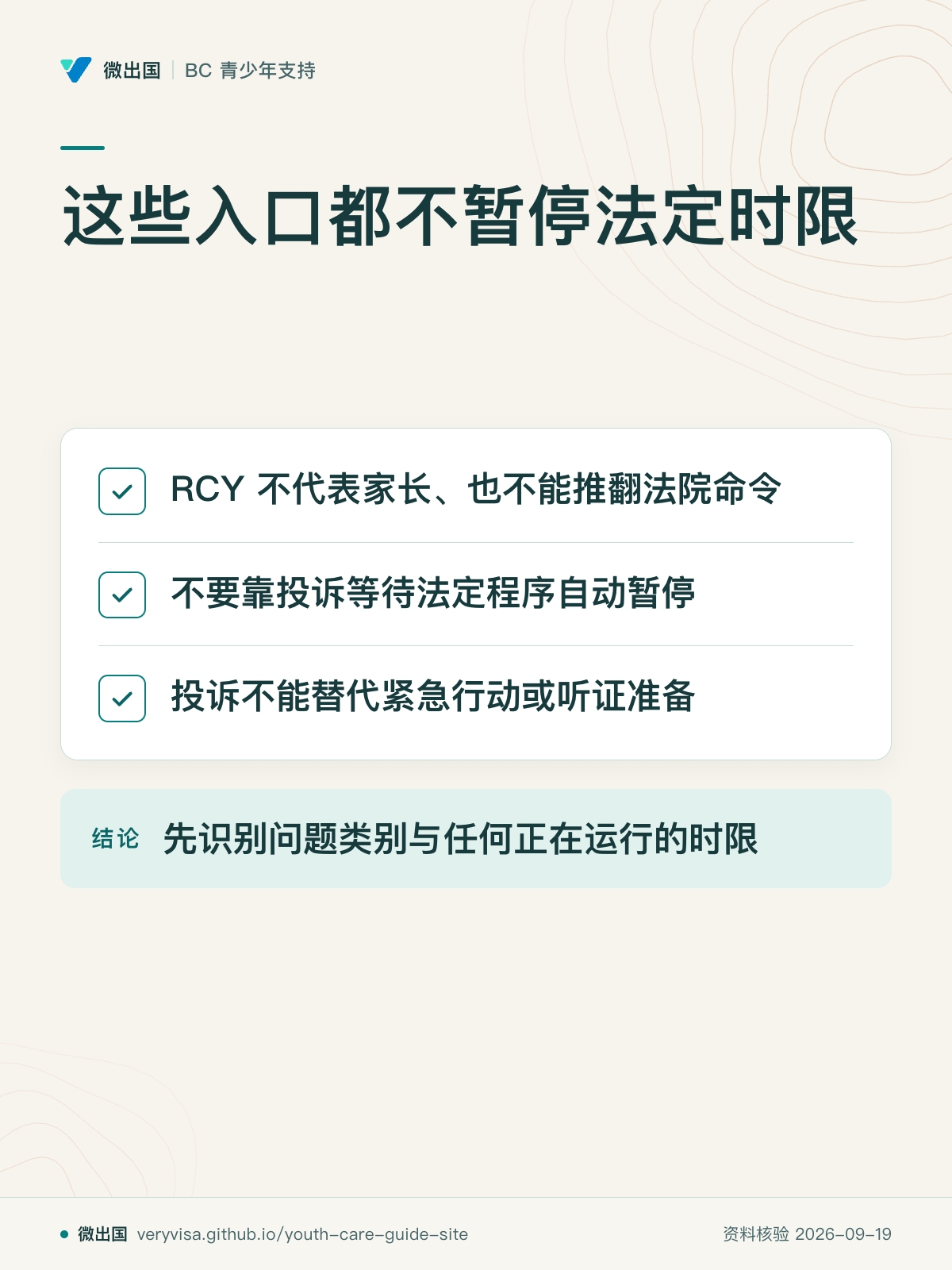 这些入口都不暂停法定时限；RCY 不代表家长、也不能推翻法院命令；不要靠投诉等待法定程序自动暂停；投诉不能替代紧急行动或听证准备；先识别问题类别与任何正在运行的时限