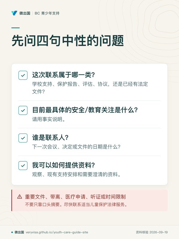 先问四句中性的问题;这次联系属于哪一类?;目前最具体的安全/教育关注是什么?;谁是联系人?;我可以如何提供资料?;重要文件、带离、医疗申请、听证或时间限制