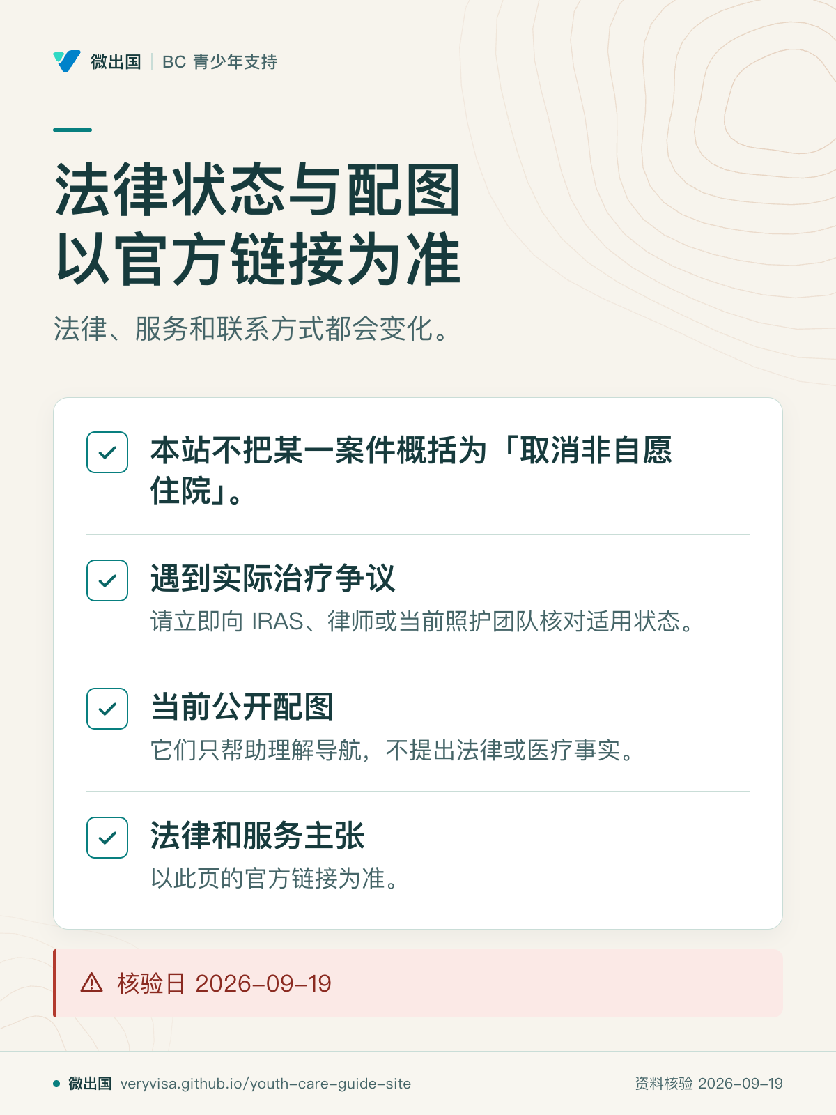 法律状态与配图以官方链接为准；法律、服务和联系方式都会变化。；本站不把某一案件概括为「取消非自愿住院」。；遇到实际治疗争议；当前公开配图；法律和服务主张；核验日 2026-09-19