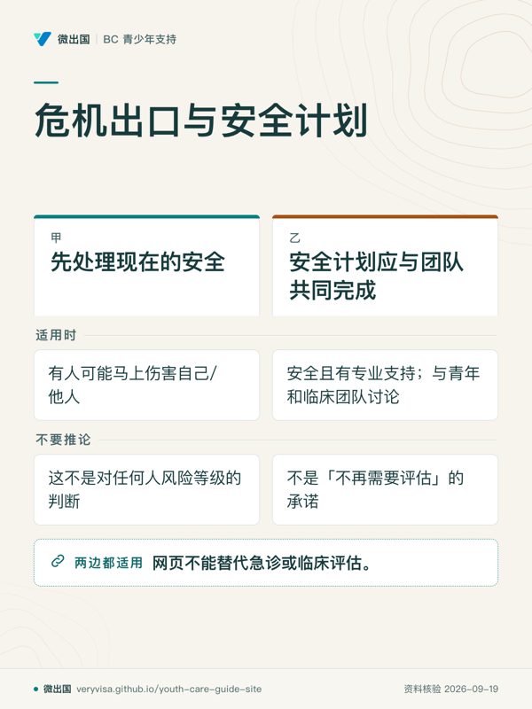 危机出口与安全计划;先处理现在的安全;安全计划应与团队共同完成;适用时;不要推论;网页不能替代急诊或临床评估。
