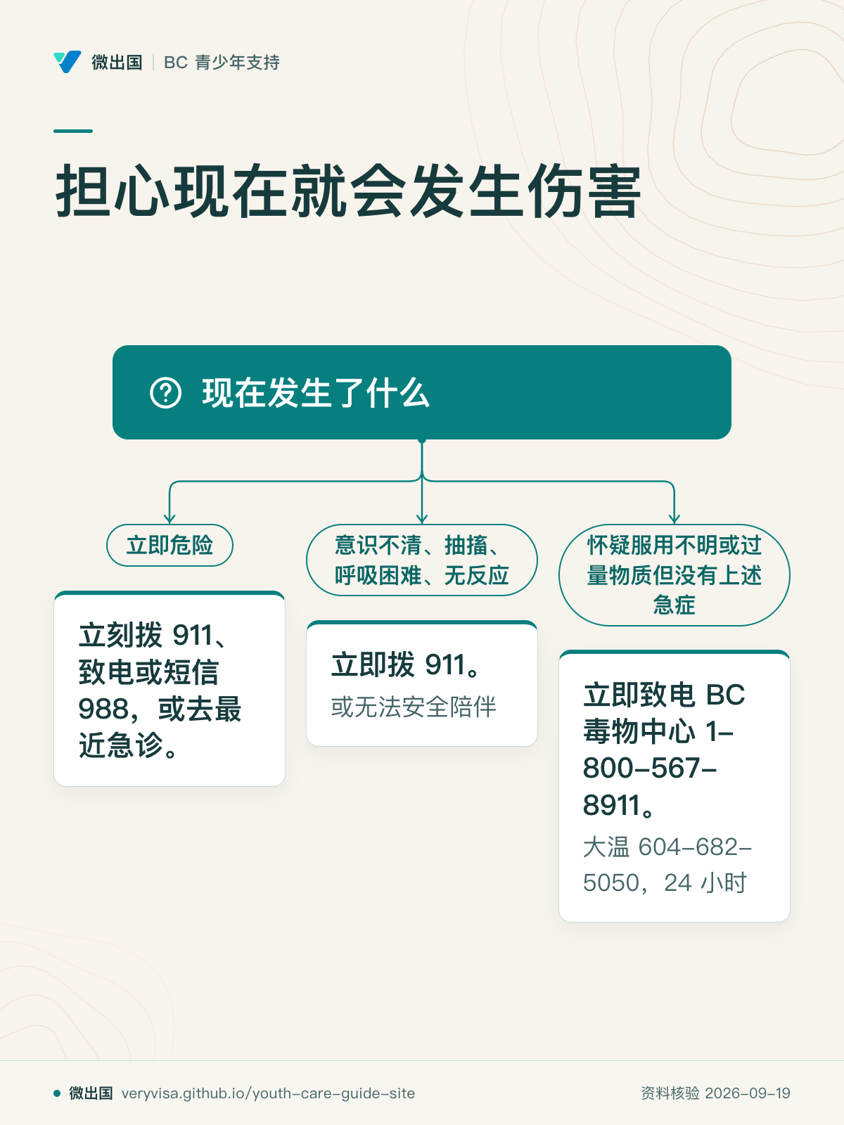 担心现在就会发生伤害；现在发生了什么；立即危险；立刻拨 911、致电或短信 988，或去最近急诊。；意识不清、抽搐、呼吸困难、无反应；立即拨 911。；怀疑服用不明或过量物质但没有上述急症；立即致电 BC 毒物中心 1-800-567-8911。
