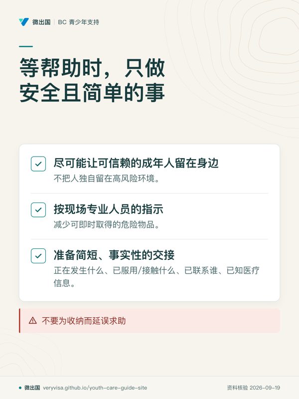等帮助时,只做安全且简单的事;尽可能让可信赖的成年人留在身边;按现场专业人员的指示;准备简短、事实性的交接;不要为收纳而延误求助
